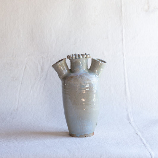 Wood Fired Porelain Stoneware 3 Spout Tulipiere with beads and Ash Glaze #511B