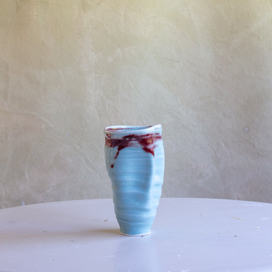 Porcelain Robins Egg Celadon and Oxblood Paper Bag Vase 207D