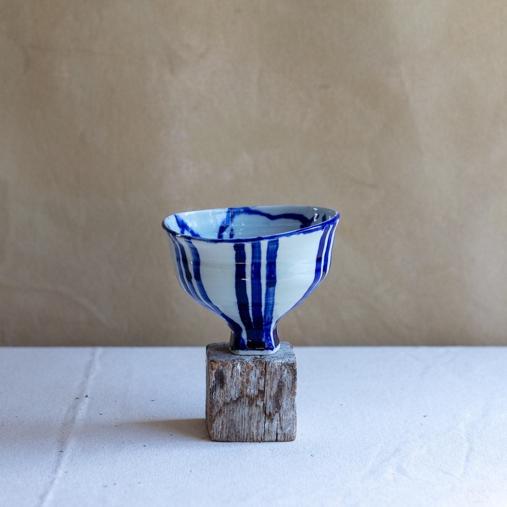 High Fire Translucent Porcelain Pedestal Bowl with Cobalt Painting  #9503